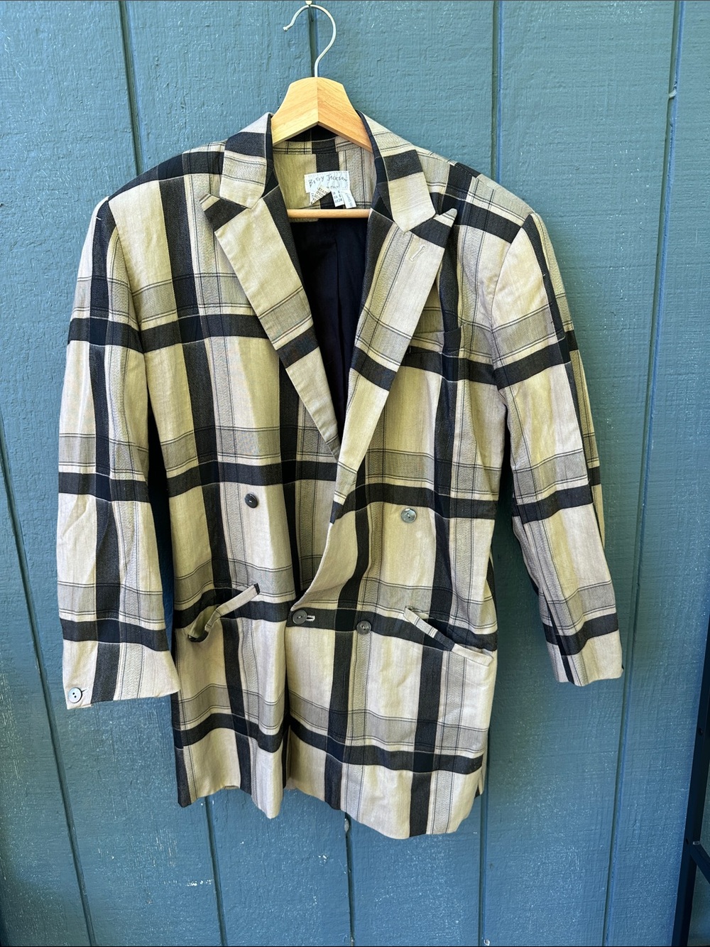 Betsey Johnson Black and Beige Plaid Double-Breasted Blazer